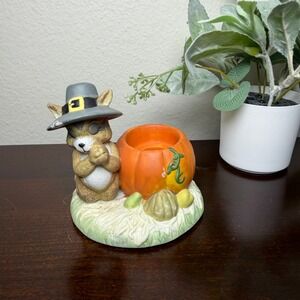 Vintage 1991 House of Lloyd Raccoon Pilgrim Pumpkin Candle Holder Thanksgiving